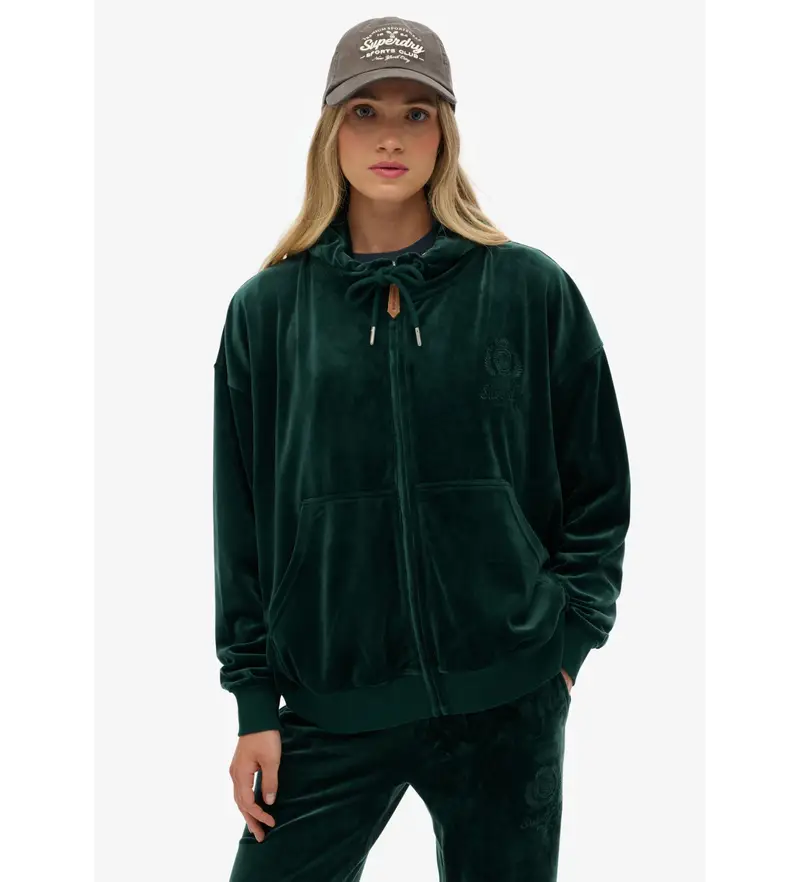 Superdry per donna. W2012544A Felpa verde con cappuccio e cerniera in velluto Country Club, Casual, Poliestere