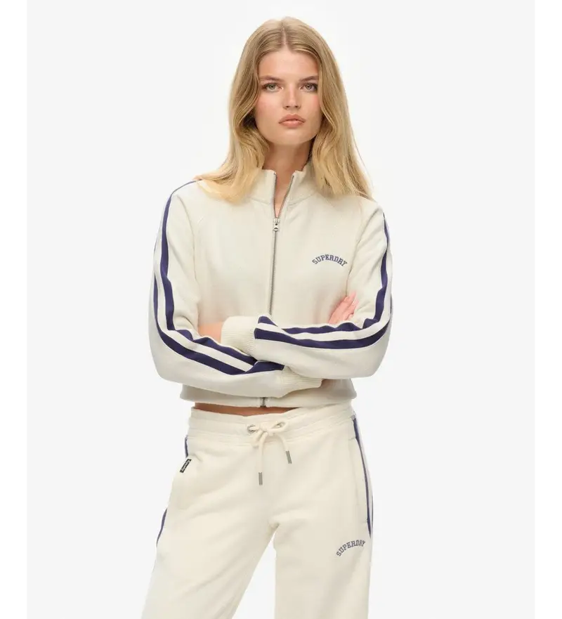 Superdry per donna W2012551A Felpa con zip e logo Essential beige, Casual, Cotone, Manica lunga