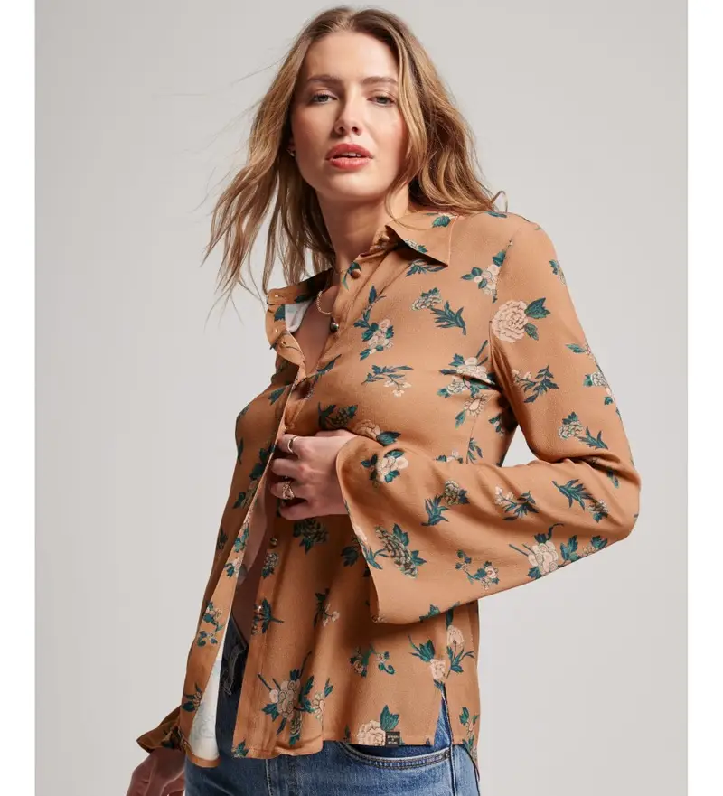 Superdry per donna W4010384A Camicia marrone degli Studios degli anni Settanta, Casual, Viscosa, Manica lunga