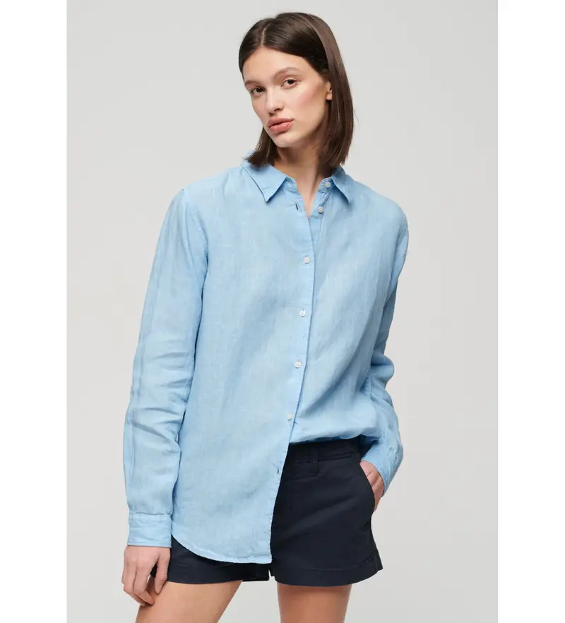 Superdry per donna W4010415A Camicia casual in lino blu con vestibilità boyfriend, Manica lunga