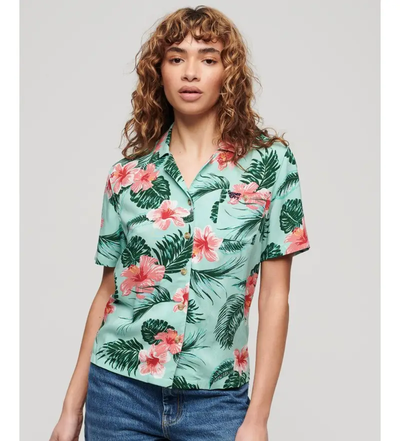 Superdry per donna. W4010419A Camicia verde da spiaggia, Casual, Viscosa, Manica corta