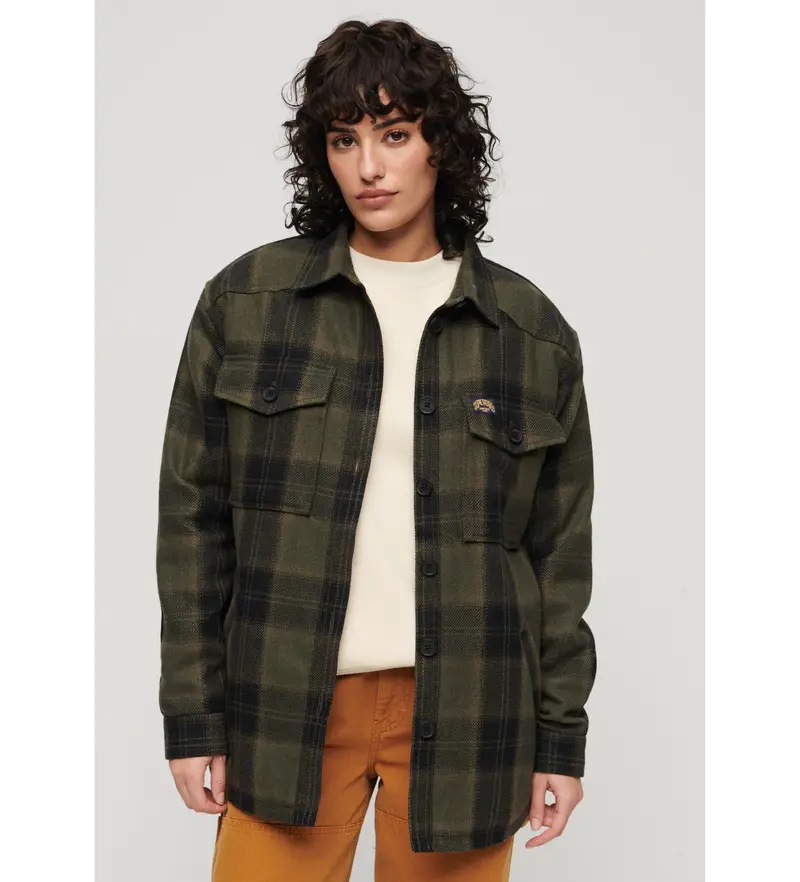 Superdry per donna. W4010431A Sovracamicia in shearling a quadri verde, Casual, Lana, Manica lunga