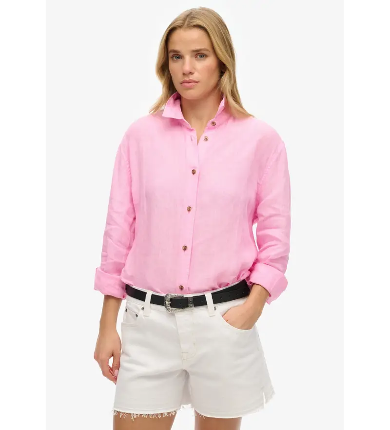 Superdry per donna. W4010463A Camicia casual in lino rosa stile boyfriend, Manica lunga
