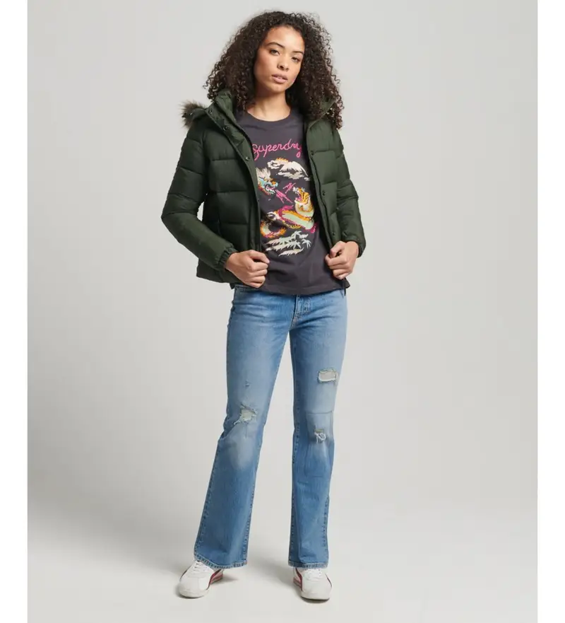 Superdry per donna. W5011178A Giacca corta intermedia verde con cappuccio, Casual, Nylon