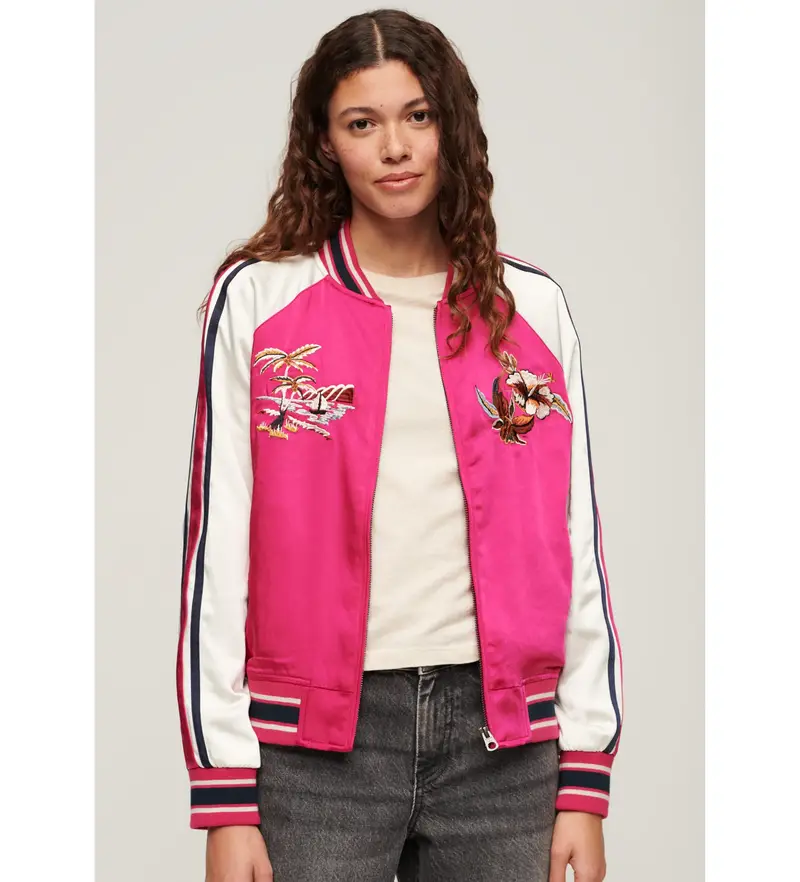 Superdry per donna. W5011666A Giubbotto bomber ricamato Suikajan rosa, Casual, Poliestere, Manica lunga