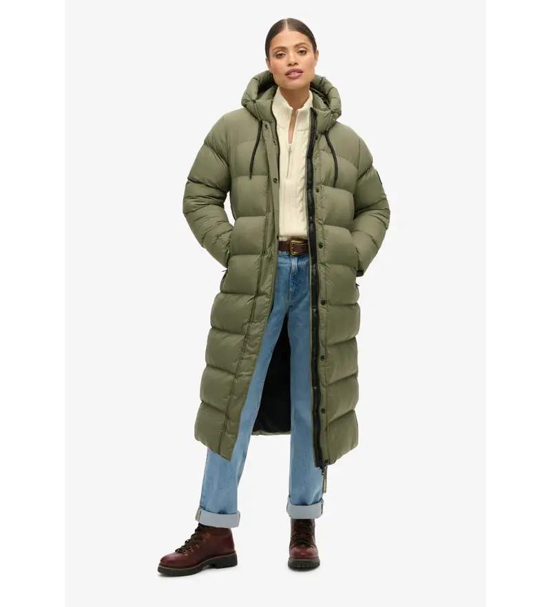 Superdry per donna. W5011735A Giubbotto lungo imbottito in Ripstop verde, Casual, Polister riciclato, Sostenibile