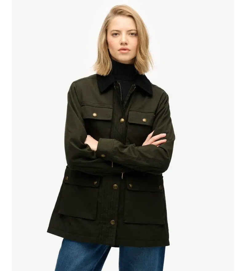 Superdry per donna. W5011958A Giacca di cera verde, Casual, Cotone