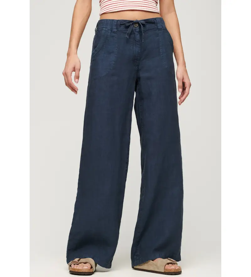 Superdry per donna W7011006A Pantaloni in lino a vita bassa blu navy, Casual