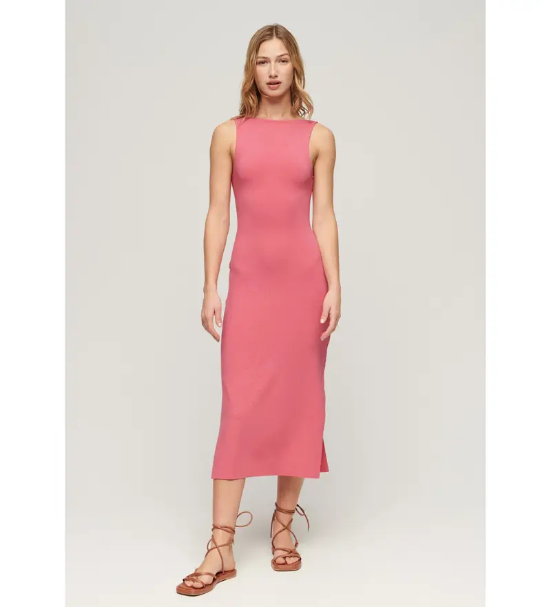 Superdry per donna. W8011612A Abito longuette in maglia rosa incrociato sul retro, Casual, Viscosa, Senza maniche / cinghie