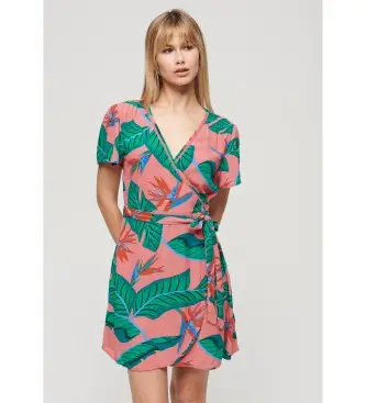 Superdry per donna W8011666A Abito a portafoglio con stampa rosa, Casual, Viscosa, Manica corta