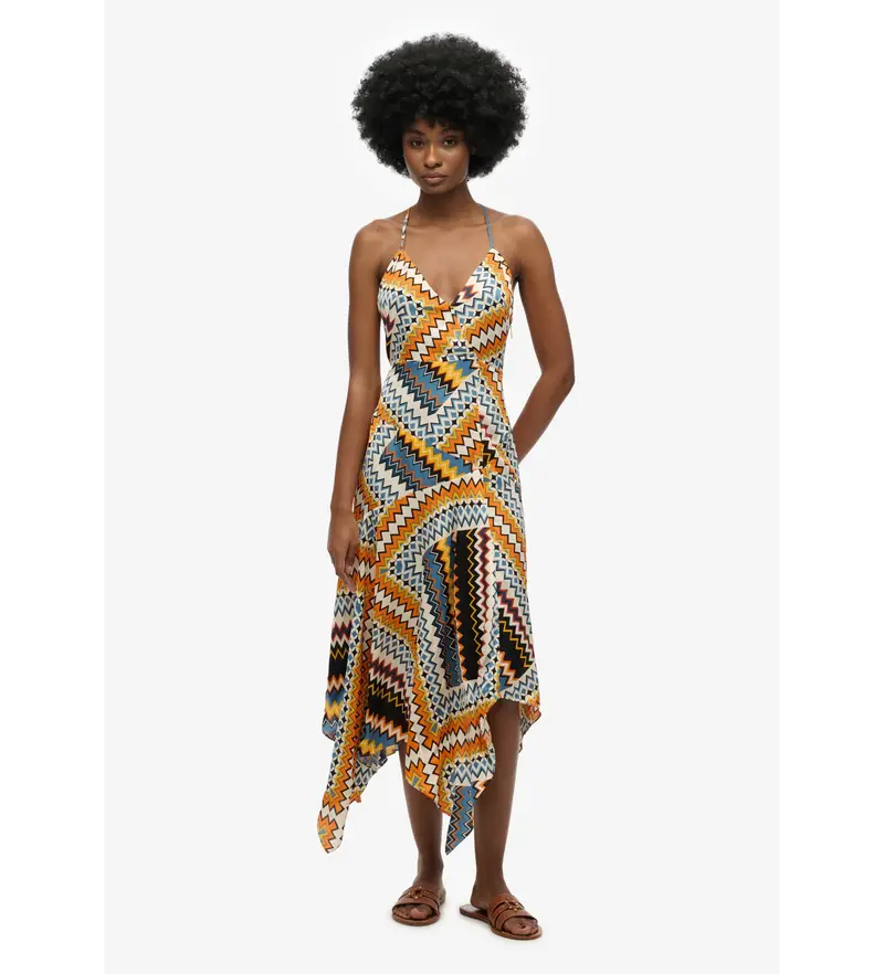 Superdry per donna W8011881A Abito con orlo a fazzoletto multicolore premium, Casual, Viscosa, Senza maniche / cinghie