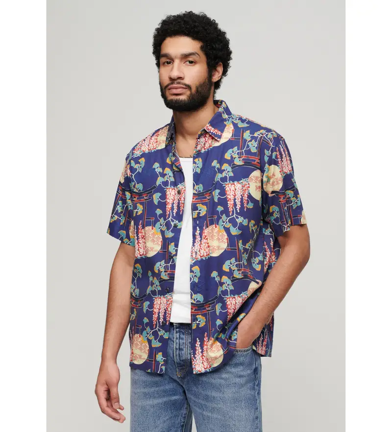 Superdry per uomo M4010353A Camicia hawaiana blu scuro, Casual, Cotone, Manica corta, Navy