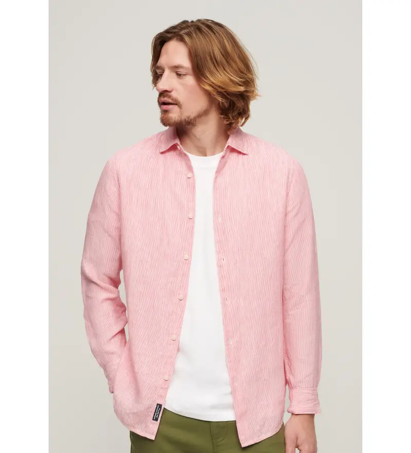 Superdry per uomo. M4010607A Camicia a maniche lunghe in lino casual rosa, Manica lunga