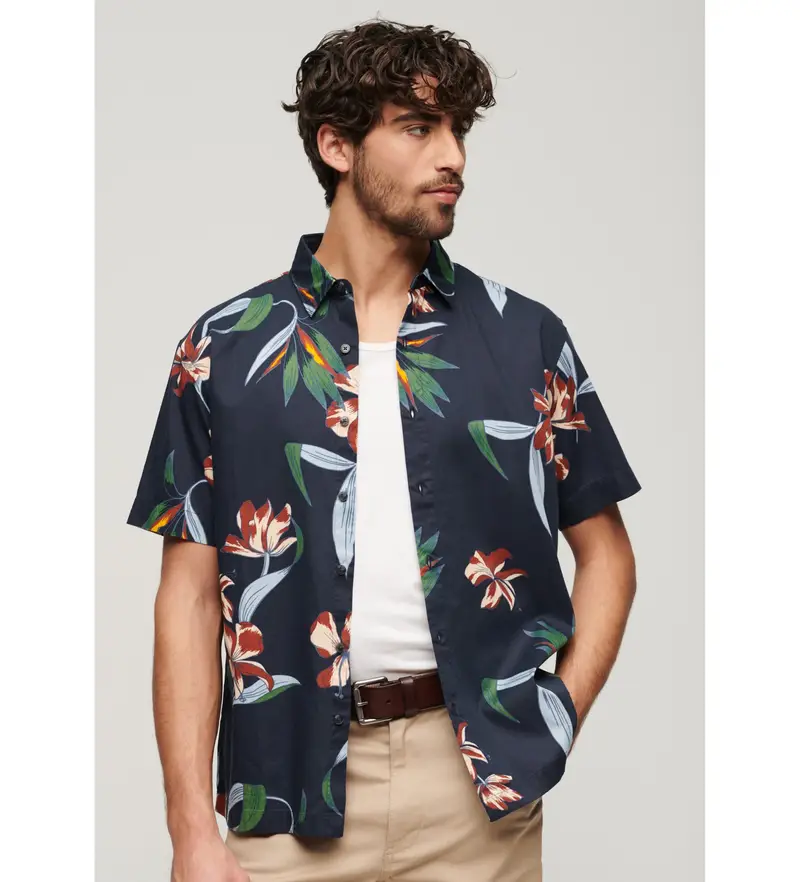 Superdry per uomo M4010620A Camicia hawaiana a maniche corte blu scuro, Casual, Modal, Manica corta, Navy