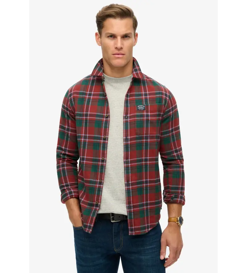 Superdry per uomo M4010727A Camicia rossa da boscaiolo, Rosso, Casual, Cotone, Manica lunga