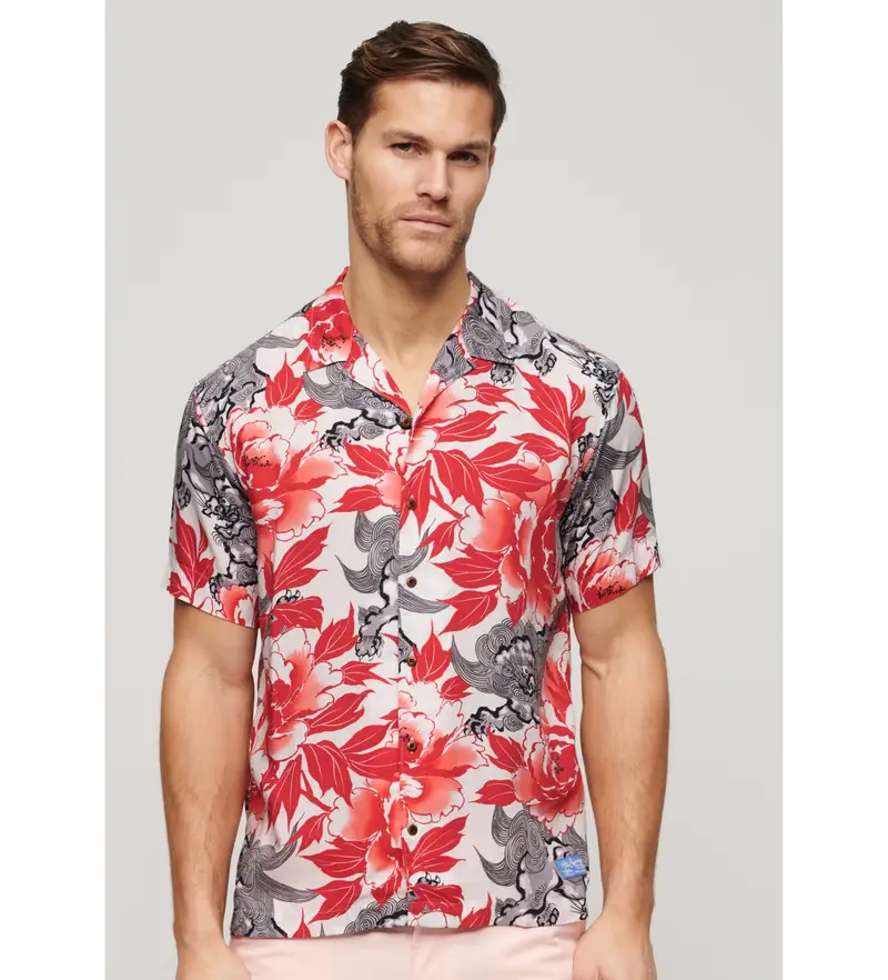 Superdry per uomo. M4010740A Camicia resort hawaiana rosa, Casual, Cotone, Manica corta