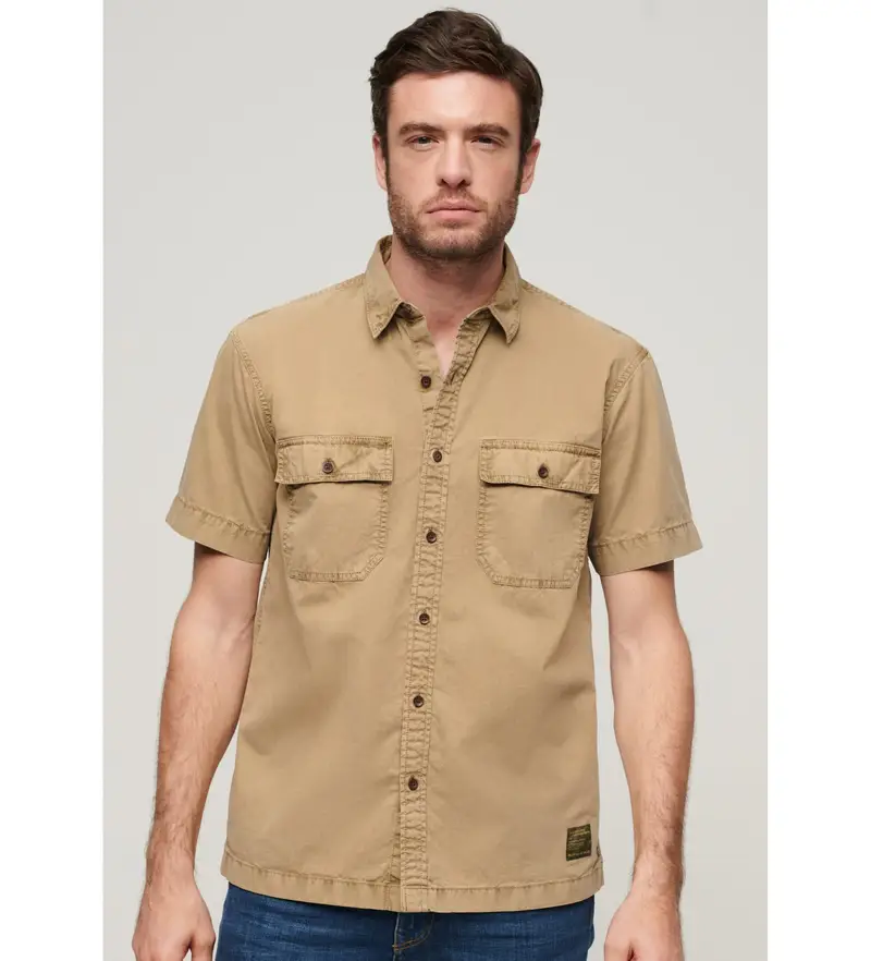 Superdry per uomo M4010791A Camicia militare marrone a maniche corte, Casual, Cotone, Manica corta