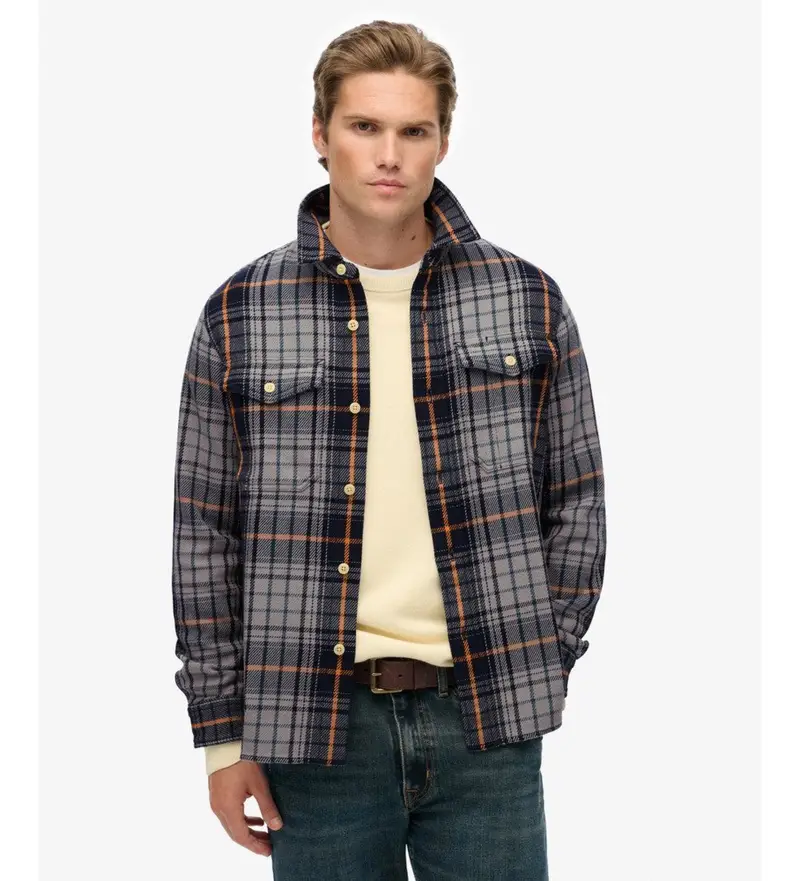 Superdry per uomo M4011018A Camicia a quadri blu pesante, Casual, Cotone, Manica lunga