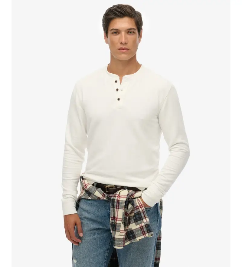 Superdry per uomo M6010903A Maglietta beige del nonno del negozio Merchant, Bianco, Casual, Cotone, Manica lunga