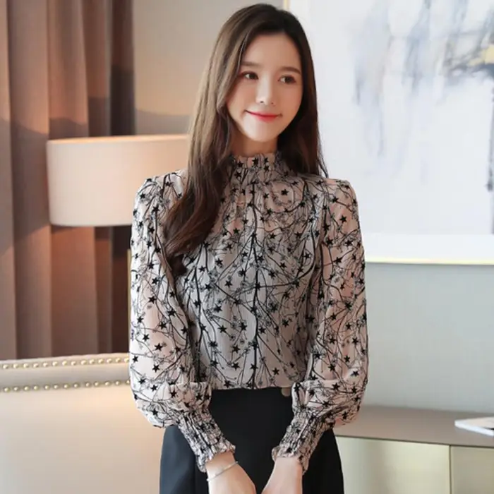 surwenyue Camicetta in chiffon a maniche lunghe alla moda Top casual da donna Colletto alla coreana Camicia floreale elegante sottile