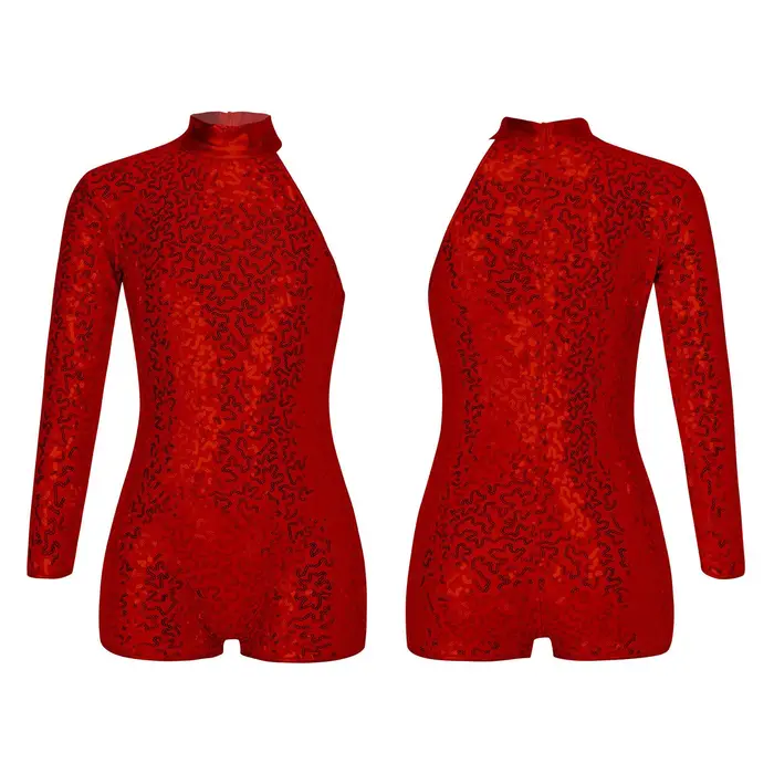Tuta corta da bambina per bambina, maniche lunghe, paillettes lucide, danza, ginnastica, abiti per spettacoli teatrali 11-12 Years rosso
