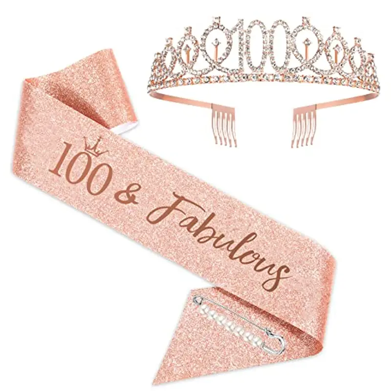 SZHUIHER Set con tiara con il numero 100 e fascia con scritta "100 & Fabulous", per 100° compleanno, da donna, di colore oro rosa, adatto
