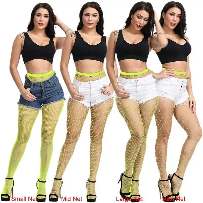 Calze a rete lunghe sexy da donna Calze a rete a rete Collant in nylon a rete Lingerie Pelle Calza alta Calza Calze Maxi Net colore giallo fluorescente
