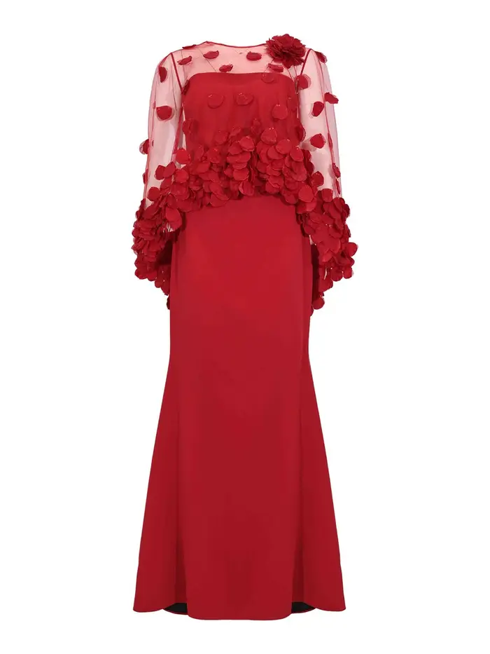 Vestito Lungo Lobella 99107 In Crepe E Tulle Rosso Scuro