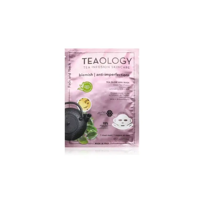 Teaology Tea Glow AHA maschera purificante in tessuto detergente e rinfrescante per collo e décolleté 21 ml