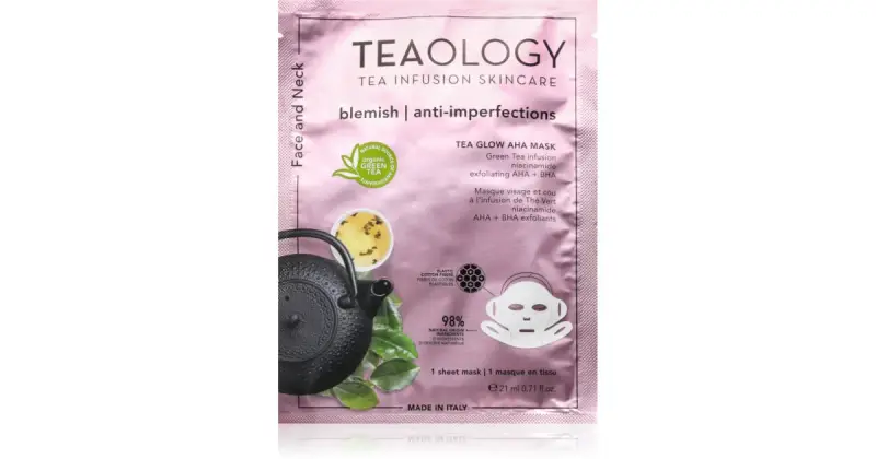 Teaology Tea Glow AHA maschera purificante in tessuto detergente e rinfrescante per collo e décolleté 21 ml
