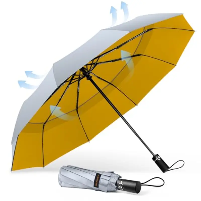 TECKNET Ombrello Pieghevole Antivento, Grande Portatile Pioggia da 10 Ossa, Automatico Viaggio Umbrella Doppio Baldacchino Antivento