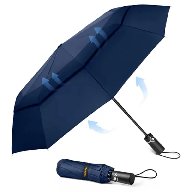 TECKNET Ombrello Pieghevole Antivento, Grande Portatile Pioggia da 10 Ossa, Automatico Viaggio Umbrella Doppio Baldacchino Antivento