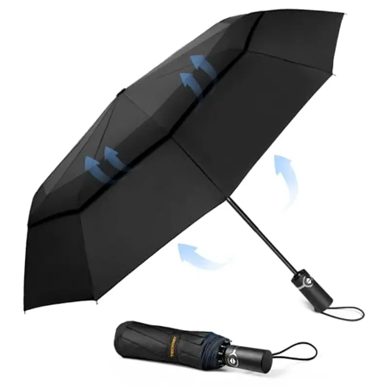 TECKNET Ombrello Pieghevole Antivento, Grande Portatile Pioggia da 10 Ossa, Automatico Viaggio Umbrella Doppio Baldacchino Antivento