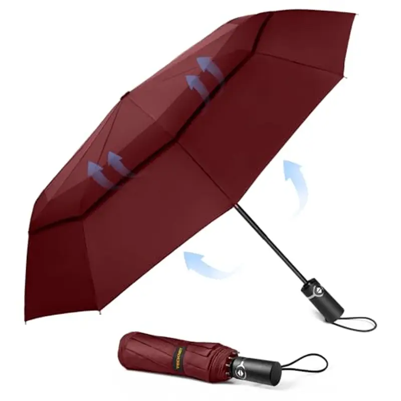 TECKNET Ombrello Pieghevole Antivento, Grande Portatile Pioggia da 10 Ossa, Automatico Viaggio Umbrella Doppio Baldacchino Antivento