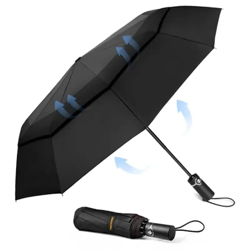 TECKNET Ombrello Pieghevole Antivento, Grande Portatile Pioggia da 10 Ossa, Automatico Viaggio Umbrella Doppio Baldacchino Antivento