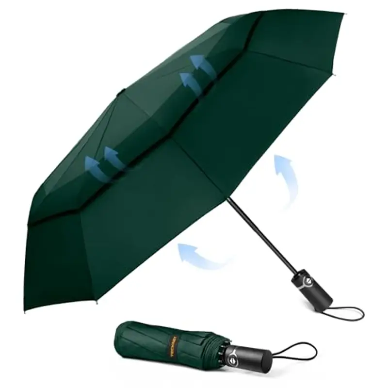 TECKNET Ombrello Pieghevole Antivento, Grande Portatile Pioggia da 10 Ossa, Automatico Viaggio Umbrella Doppio Baldacchino Antivento