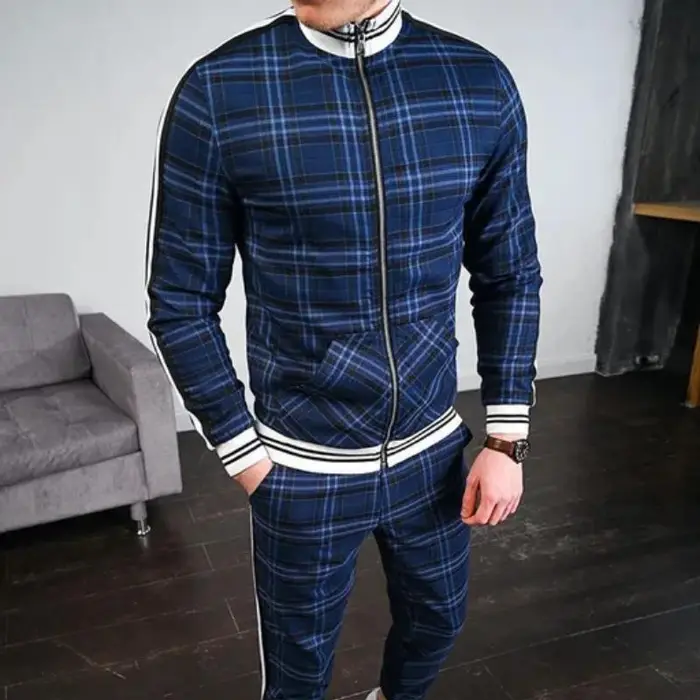 TENJINGE Trendy Abbigliamento Uomo Ropa Cerniera Collo Alto Street Casual Tute Due Pezzi Set Uomo Multicolore Lattice Giacca Felpa Cappotto