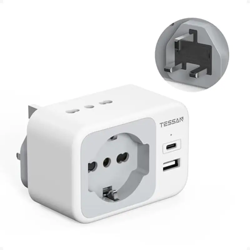 TESSAN Adattatore Presa Inglese con USB C e USB A, 5 in 1 Adattatori Prese Inglesi, Adattatore UK 3250 W, Spina Inglese per Regno Unito