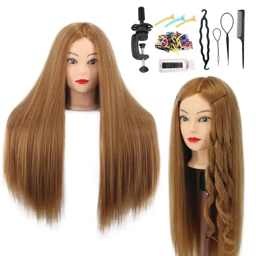 Amyqueen Testa di manichino con capelli veri, 80% capelli veri, 66 cm, per cosmetologia, acconciature, parrucchieri, pratica e
