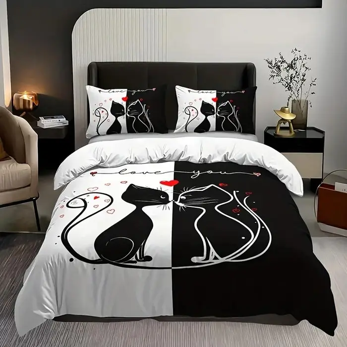 Carino Set Copripiumino Nero Stampa Gatto Colorata Biancheria da Letto Morbido Confortevole Traspirante Copripiumino per Decorazione Camera da Letto 135X200cm