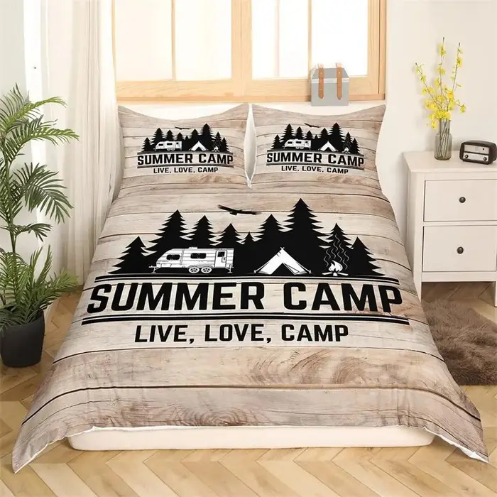 Copripiumino King Happy Camping, Biancheria da letto decorativa per campeggio estivo per ragazzo, adolescente, famiglia, Set copripiumino stile vacanza al mare 140x200cm 2pcs