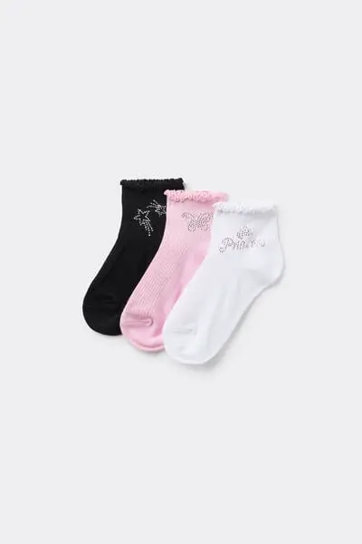 Tezenis 3 Paia Calzini Corti in Cotone Sport Fantasia Bimba Bambina Nero
