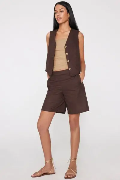 Bermuda in Tela di Cotone Effetto Lino Donna Marrone