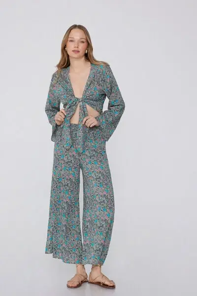 Tezenis Camicia Corta Manica Lunga in Viscosa con Nodo Donna Azzurro