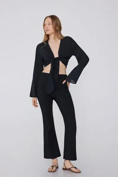 Tezenis Camicia Corta Manica Lunga in Viscosa con Nodo Donna Nero