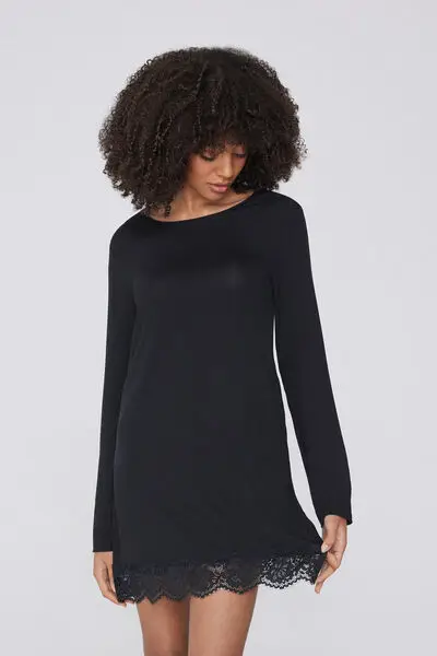 Tezenis Camicia da Notte Manica Lunga in Viscosa e Pizzo Donna Nero