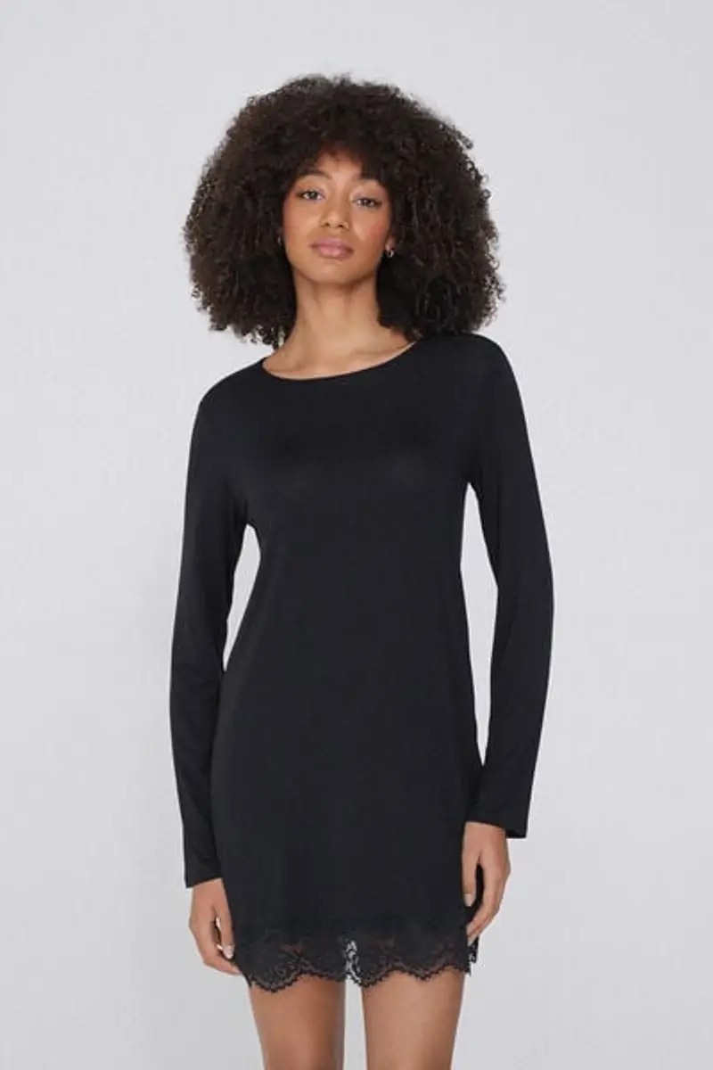 Tezenis Camicia da Notte Manica Lunga in Viscosa e Pizzo Donna Nero