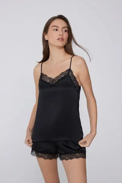 Tezenis Canotta con Spalline Sottili in Raso e Pizzo Donna Nero