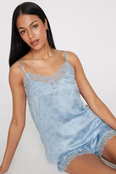 Tezenis Canotta con Spalline Sottili in Raso Stampato e Pizzo Donna Azzurro