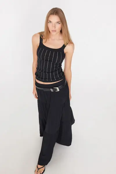 Tezenis Canotta Cotone Costine con Strass Donna Nero